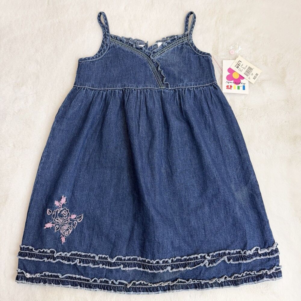 Specialty Girl Vintage Deadstock Denim Dress Ruffle Rose Embroidery Girls 6